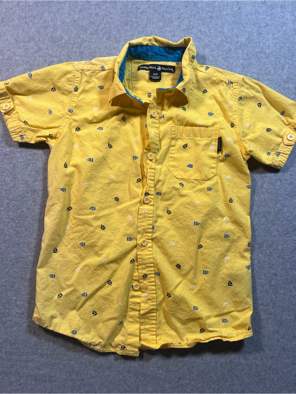 Beverly Hills Polo Club Yellow Short Sleeve Shirt with Blue Sailboat Accents
